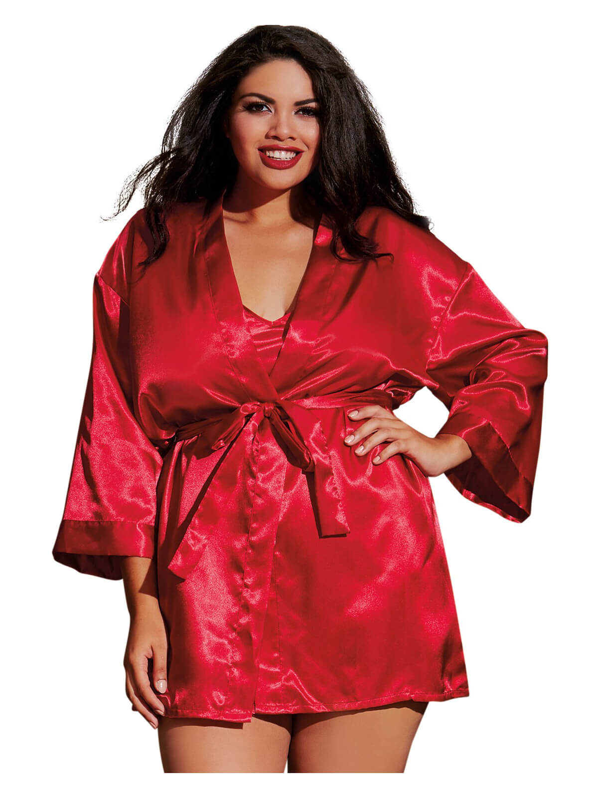 Nuisette grande taille rouge avec peignoir satinés - DG3717XRED