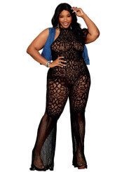 bodystocking en dentelle au crochet sans couture, grande taille, résille noire - DG0468XBLK