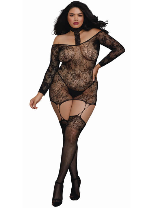 Bodystocking résille guêpière grande taille réversible avec tour de cou - DG0318XBLK