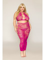 Ensemble Soutien-gorge et jupe longue en filet rose, grande taille - DG0485XBEE