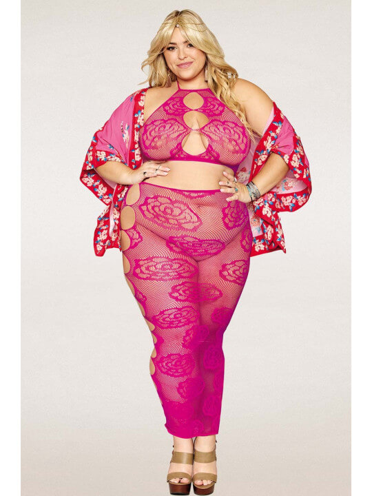 Ensemble Soutien-gorge et jupe longue en filet rose, grande taille - DG0485XBEE