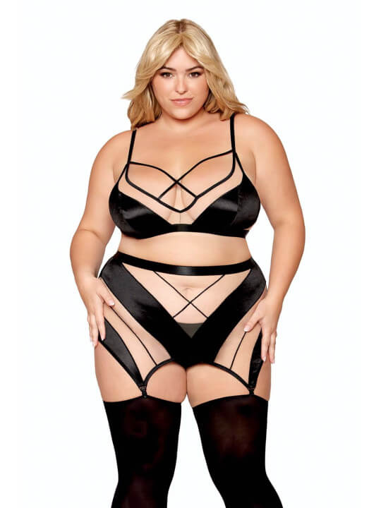 Ensemble grande taille avec Soutien-gorge, jupe porte-jarretelles, string - DG13377XBLK