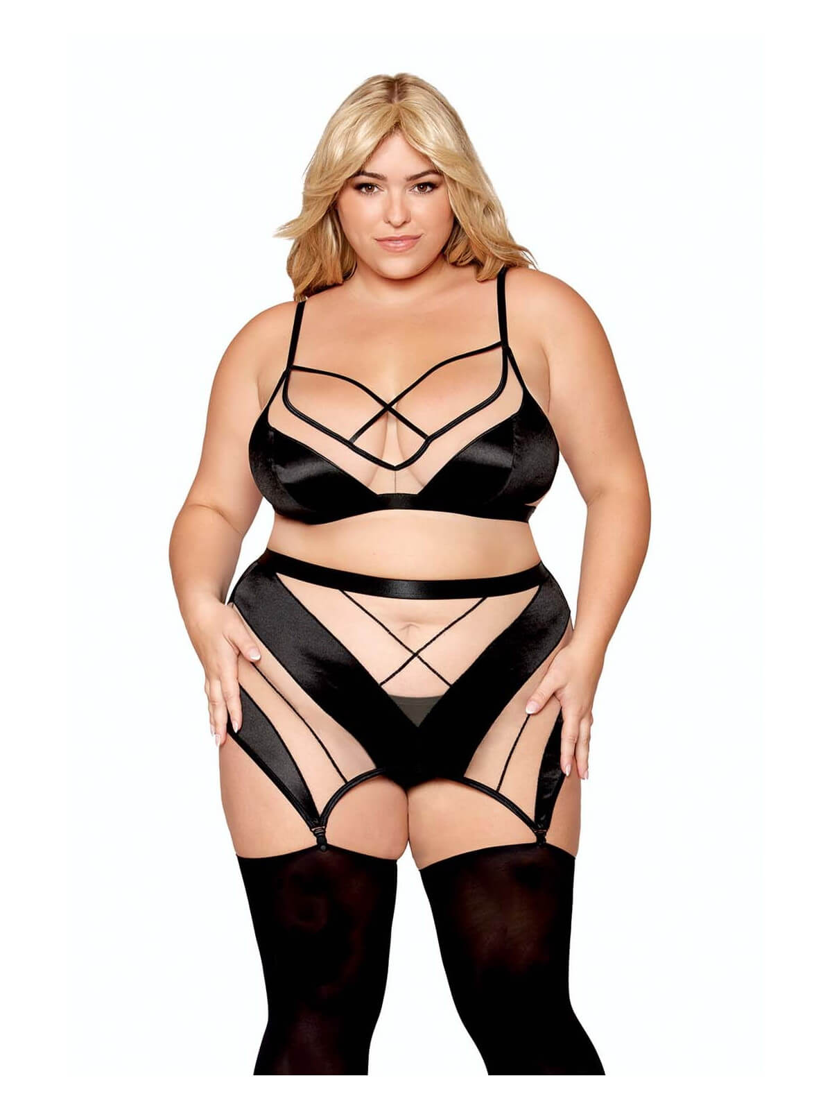 Ensemble grande taille avec Soutien-gorge, jupe porte-jarretelles, string - DG13377XBLK