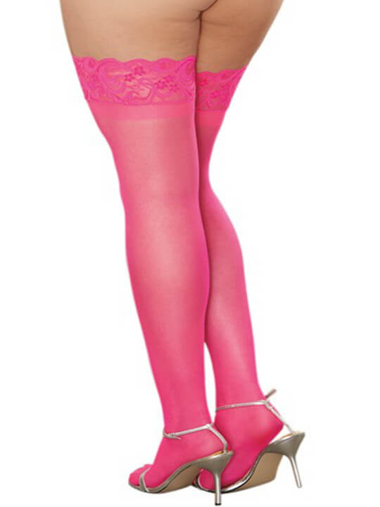 Bas roses grande taille nylon autofixants jarretières dentelle - DG0005NXPNK