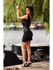 Robe cocktail empiècements dentelle et wetlook - LDW1