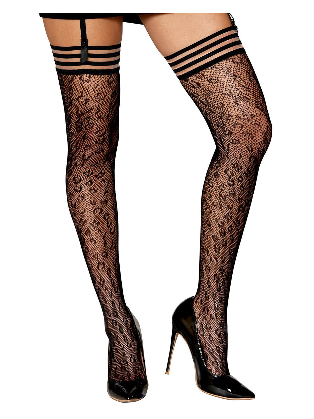 Bas résille dessin léopard avec jarretières noires/transparentes - DG0433BLK