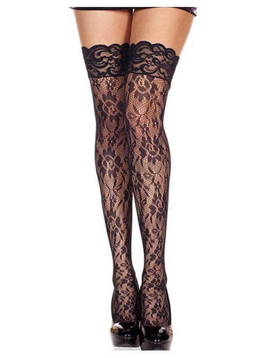 Bas noirs résille florale jarretières dentelle - MH4545BLK