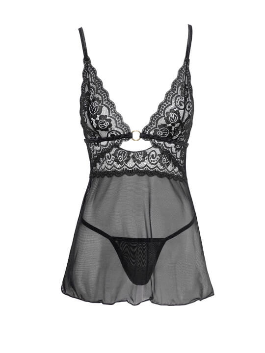 Nuisette noire en dentelle et résille transparente avec string - R2741334