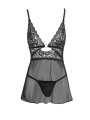 Nuisette noire en dentelle et résille transparente avec string - R2741334