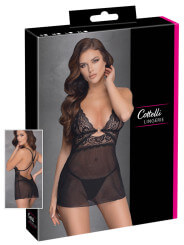 Nuisette noire en dentelle et résille transparente avec string - R2741334