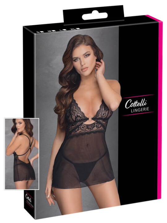 Nuisette noire en dentelle et résille transparente avec string - R2741334