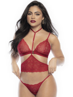 Ensemble lingerie trois pièces en dentelle rouge imprimée de cœurs - MAL8813RED