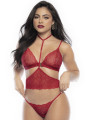 Ensemble lingerie trois pièces en dentelle rouge imprimée de cœurs - MAL8813RED