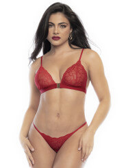 Ensemble lingerie trois pièces en dentelle rouge imprimée de cœurs - MAL8813RED