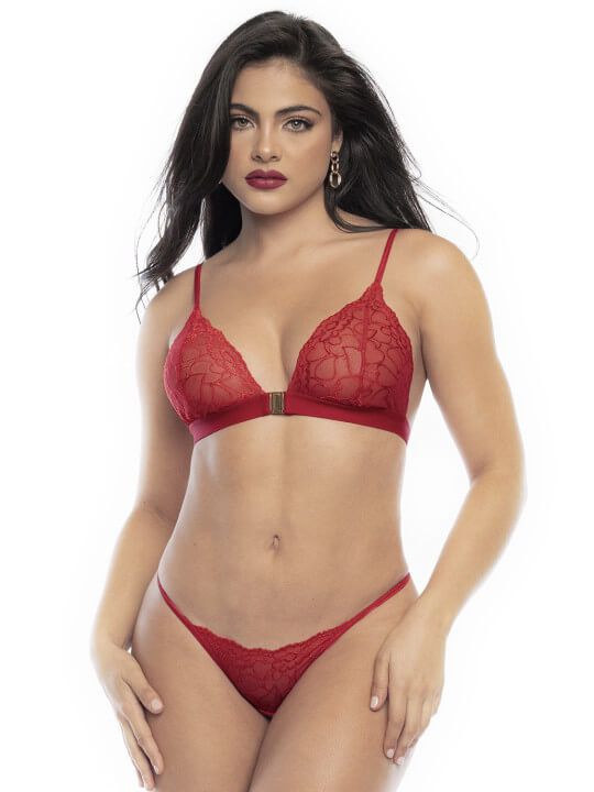 Ensemble lingerie trois pièces en dentelle rouge imprimée de cœurs - MAL8813RED
