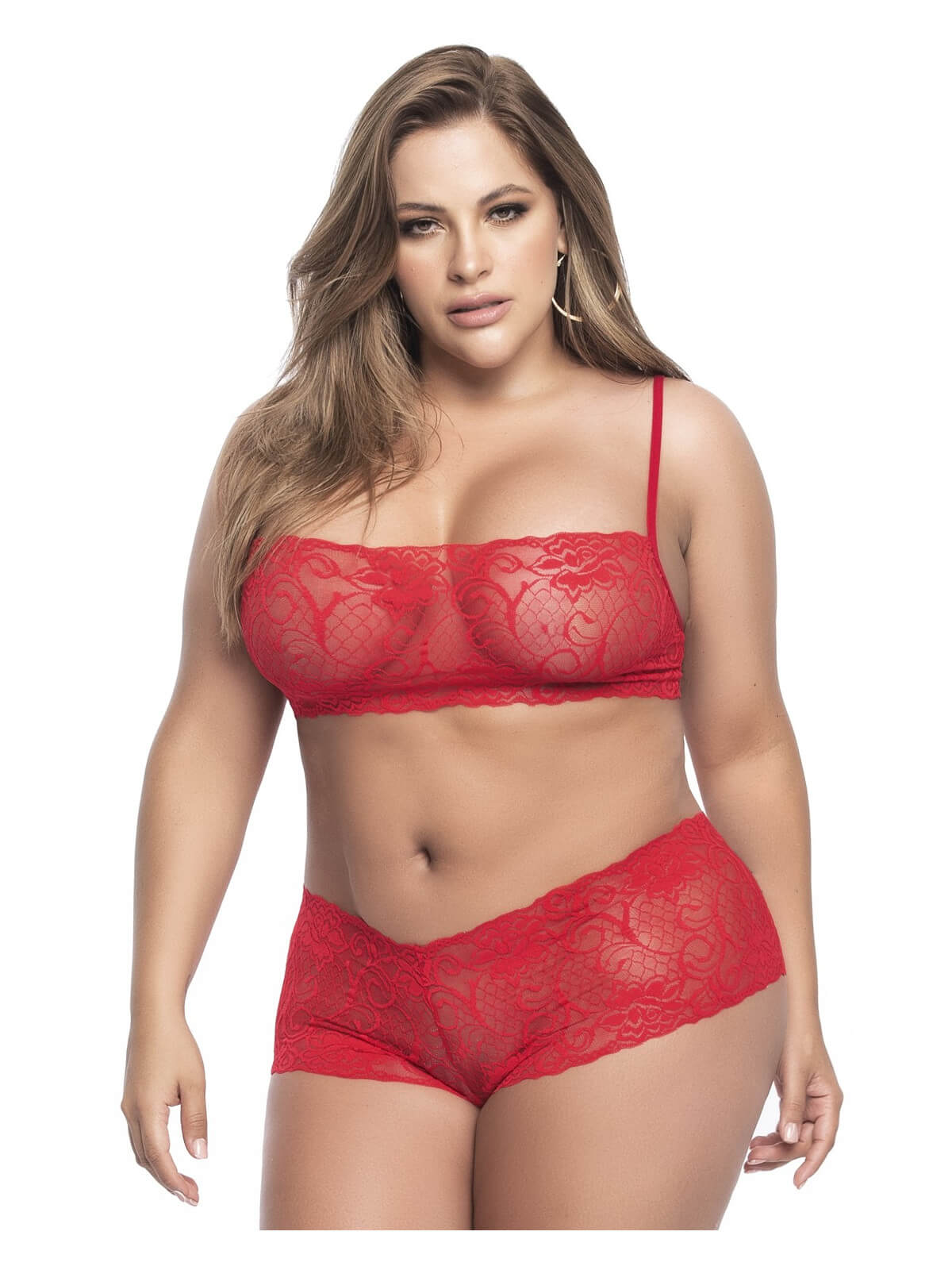 Ensemble lingerie, grande taille,  rouge top bustier et shorty dentelle   - MAL206XRED