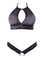 Soutien-gorge bandeau, en dentelle et résille noire et string ouvert - R2213648