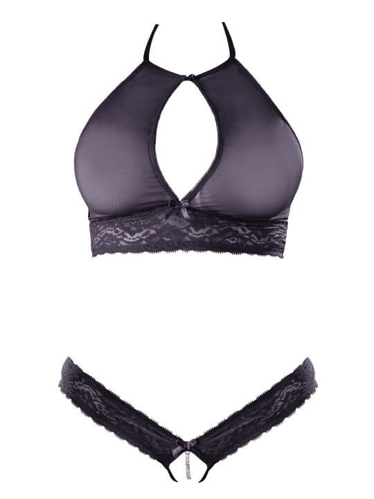 Soutien-gorge bandeau, en dentelle et résille noire et string ouvert - R2213648