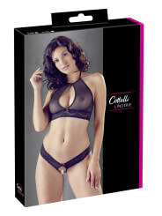 Soutien-gorge bandeau, en dentelle et résille noire et string ouvert - R2213648
