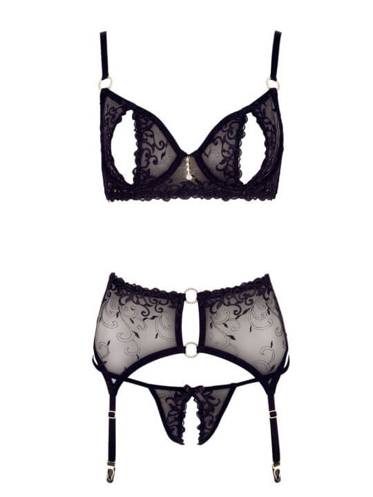 Soutien-gorge dentelle, porte-jarretelles et string ouvert noir - R2213052