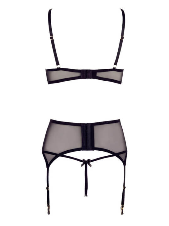 Soutien-gorge dentelle, porte-jarretelles et string ouvert noir - R2213052