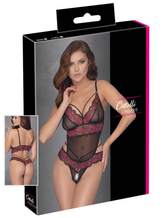 Body string en dentelle florale bicolore et résille - R2642859