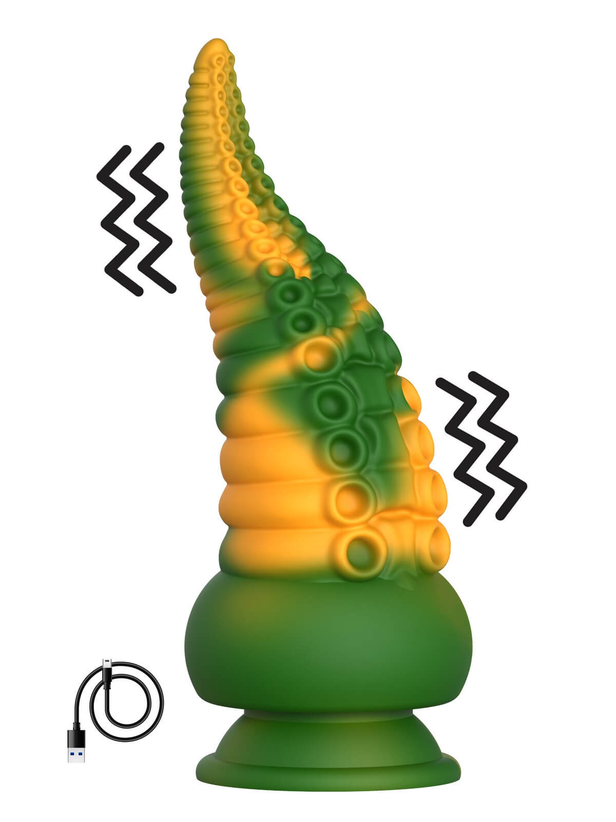 Gode ventouse tentacule Kraken vibrant 21 cm vert et jaune USB - WS-NV101