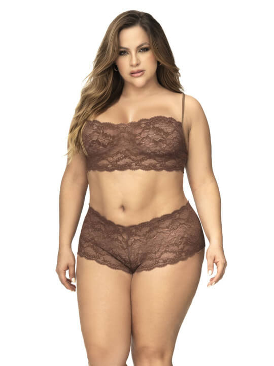 Ensemble 2 pièces en dentelle grande taille, top à bretelles et shorty couleur cacao - MAL206XCOCO