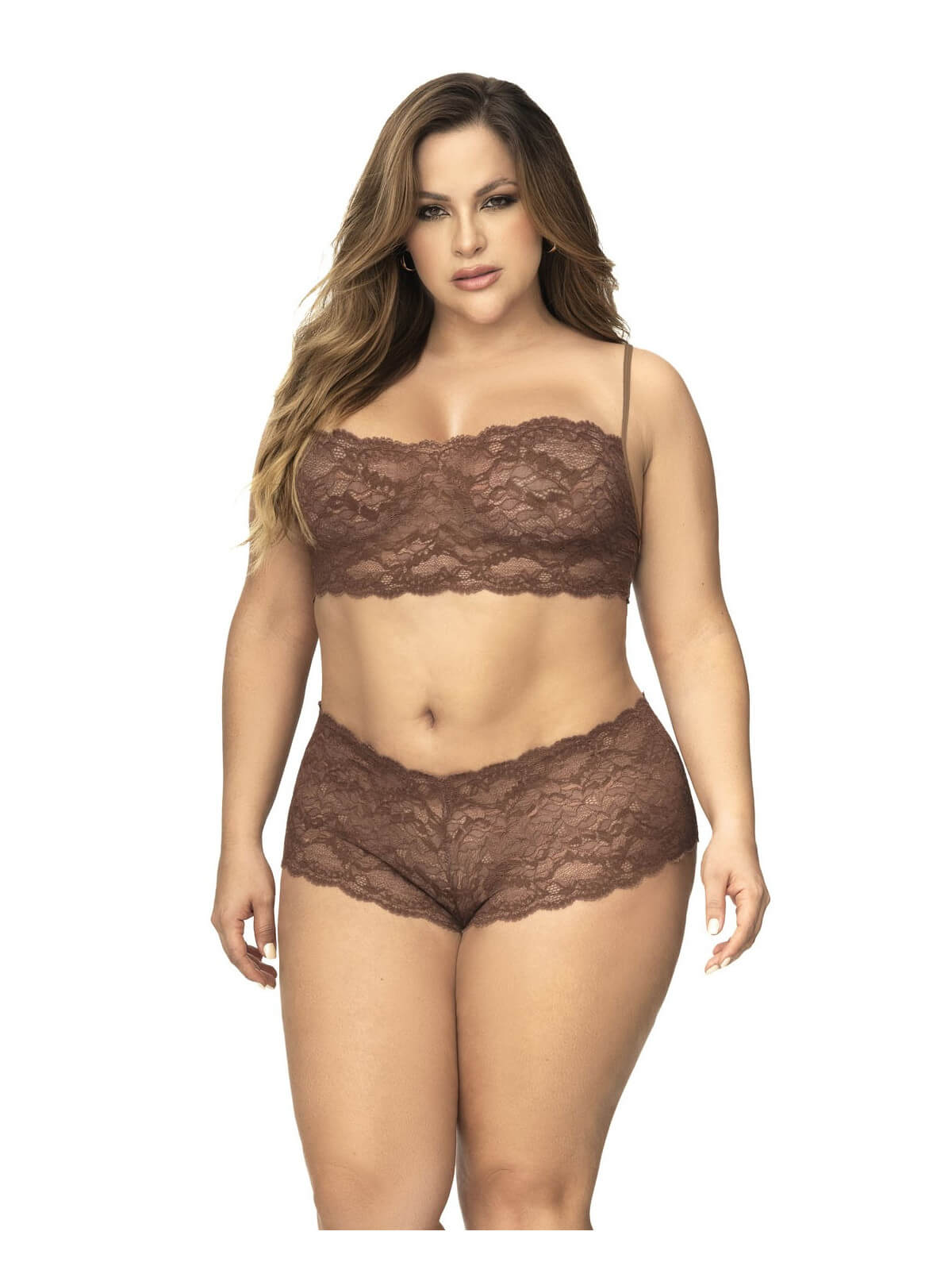 Ensemble 2 pièces en dentelle grande taille, top à bretelles et shorty couleur cacao - MAL206XCOCO