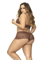 Ensemble 2 pièces en dentelle grande taille, top à bretelles et shorty couleur cacao - MAL206XCOCO