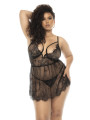 Nuisette noir Selma grande taille, en dentelle, avec armatures et string assorti inclus - MAL7550XBLK