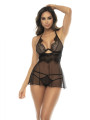 2 en 1 Nuisette et ensemble 2 pièces en dentelle et résille, soutien gorge avec armatures, string et une jupe - MAL7551BLK