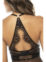2 en 1 Nuisette et ensemble 2 pièces en dentelle et résille, soutien gorge avec armatures, string et une jupe - MAL7551BLK