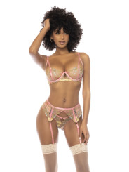 Ensemble 3 pièces avec dentelle brodée florale, soutien gorge avec armatures, porte jarretelles et string assorti -...