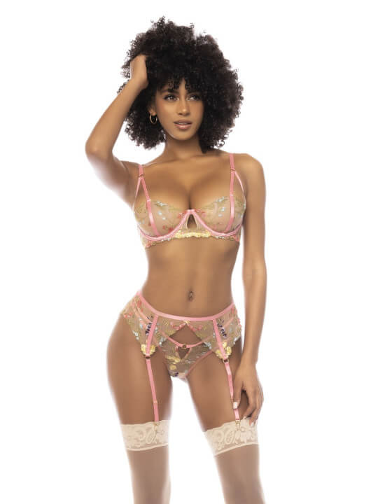 Ensemble 3 pièces avec dentelle brodée florale, soutien gorge avec armatures, porte jarretelles et string assorti -...