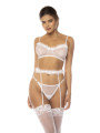 Ensemble 3 pièces blanc Emmie, soutien gorge, porte jarretelles avec fausse fourrure et string assorti - MAL8841WHT
