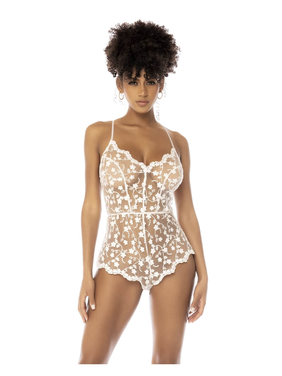 Body blanc transparent Celina avec dentelle brodée florale, bretelles ajustables - MAL7543STWT