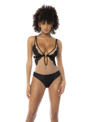 Body Flora noir et chair, avec une fine résille transparente, bretelles ajustables - MAL2746NUKB
