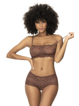 Ensemble 2 pièces en dentelle, top à bretelles et shorty couleur cacao - MAL206COCO