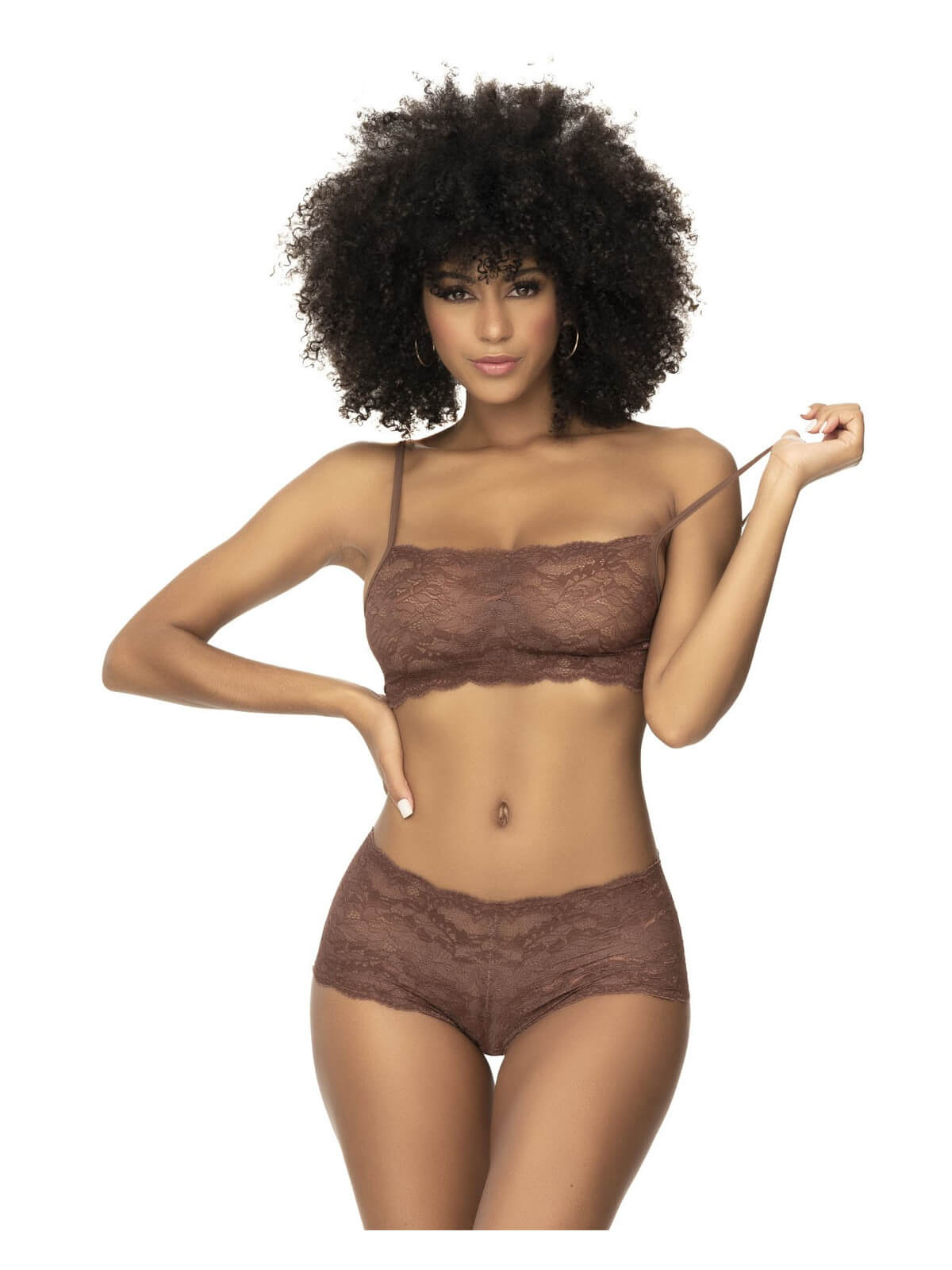 Ensemble 2 pièces en dentelle, top à bretelles et shorty couleur cacao - MAL206COCO