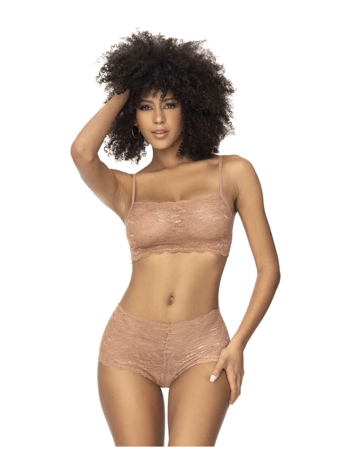 Ensemble 2 pièces en dentelle, top à bretelles et shorty couleur taupe - MAL206TAUP