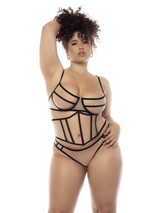 Ensemble 3 pièces noir et chair grande taille, soutien gorge avec armatures, serre taille et string - MAL8848XNUBK