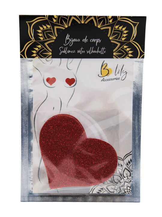 Paire de cache tétons adhésifs coeur pailleté rouge - NP-1049RED
