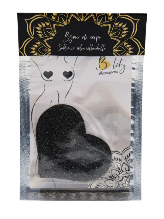 Paire de cache tétons adhésifs coeur pailleté noir - NP-1049BLK