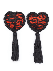 Paire de cache tétons adhésifs en forme de cœur avec dentelle noire et pompom - NP-0077