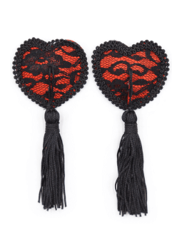 Paire de cache tétons adhésifs en forme de cœur avec dentelle noire et pompom - NP-0077