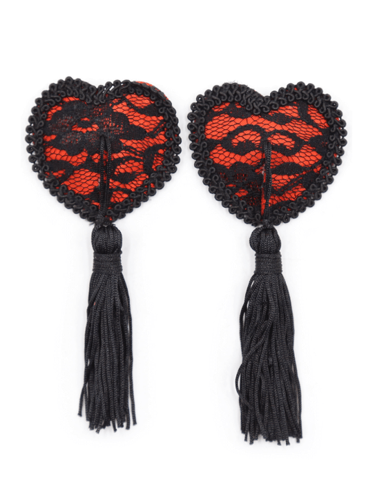 Paire de cache tétons adhésifs en forme de cœur avec dentelle noire et pompom - NP-0077