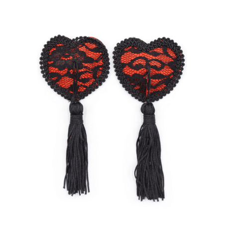 Paire de cache tétons adhésifs en forme de cœur avec dentelle noire et pompom - NP-0077