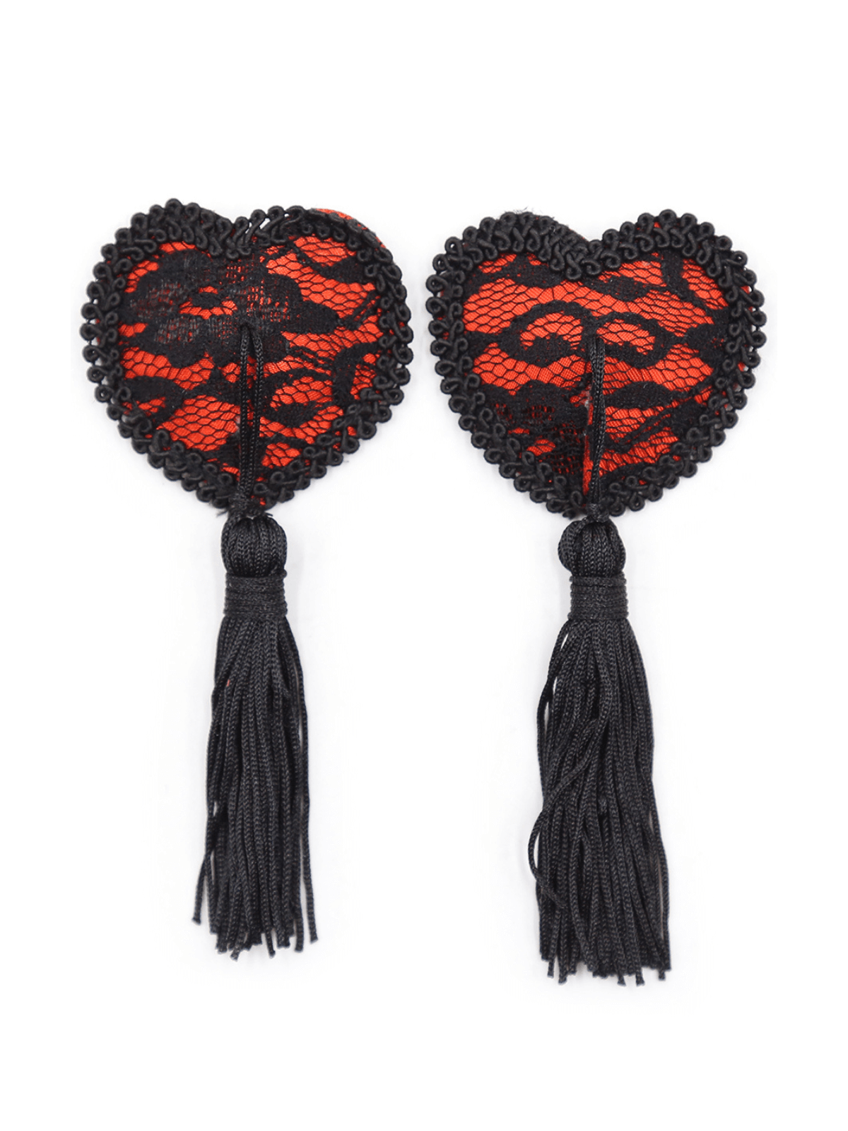 Paire de cache tétons adhésifs en forme de cœur avec dentelle noire et pompom - NP-0077