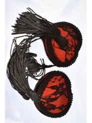 Paire de cache tétons adhésifs en forme de cœur avec dentelle noire et pompom - NP-0077